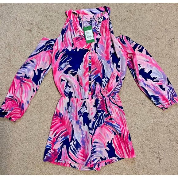 Lilly Pulitzer Romper XS NWT Sunny Shoulder Silk Elsa Paradise Point $198 - Picture 2 of 10